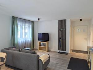 a living room with a couch and a tv at Schiller´s Urban Escape in Freudenstadt