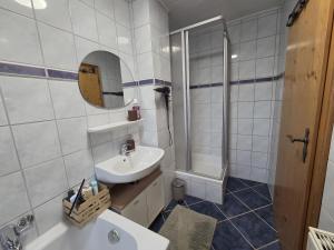 a bathroom with a sink and a mirror at Regenhäusl Waldbach in Arrach +8 photos
