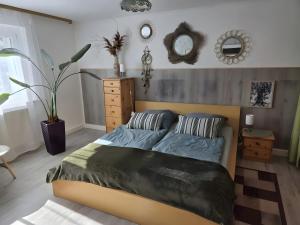 a bedroom with a bed and a plant and mirrors at Regenhäusl Waldbach in Arrach