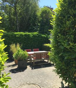 a bench sitting in the middle of a garden at Ferienhaus Jümmers - Jomtje in Horumersiel +4 photos