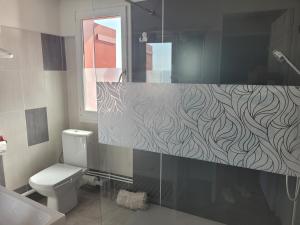 a bathroom with a shower and a toilet and a sink at Le Gîte du Chauze in Meyssac +9 photos