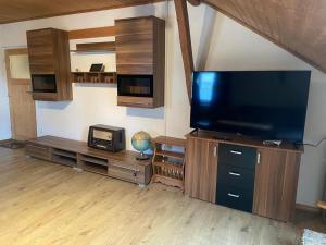 a living room with a large flat screen tv at Ferienhaus Winter in Blaibach