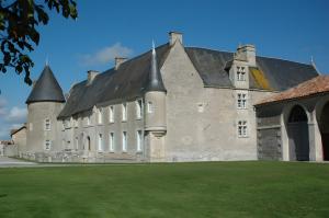 a large stone building with a black roof at Gites Du Château De Saveilles in Paizay-Naudouin