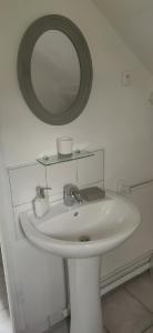 a bathroom with a white sink and a mirror at Les Chambres De Martine Et Guy - in Sermaise
