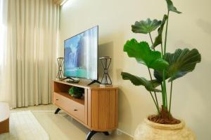 a living room with a tv and a potted plant at Casa Beverly, com Piscina, 3 Quartos e Churrasqueira in Foz do Iguaçu