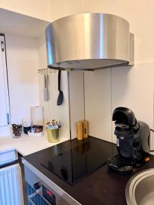 a kitchen with a counter top with a stove at Aarebar Rooms in Solothurn