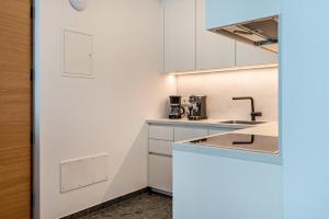 a kitchen with white cabinets and a sink at Mountain Meadows Apt 3 in Valdaora