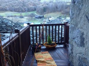 a balcony with potted plants on a wooden deck at Maison des Challant in Challand Saint Victor