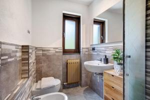 a bathroom with a sink and a toilet and a mirror at Maison Le Cré Appartamento 4 in Introd +23 photos