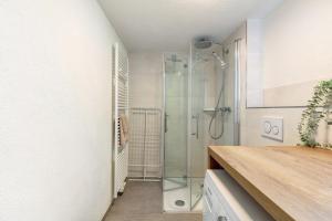 a bathroom with a shower with a glass shower stall at Kleine Auszeit in Rheinfelden