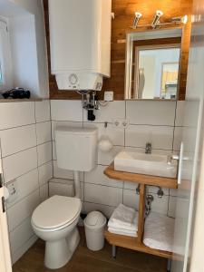 a small bathroom with a toilet and a sink at Apartments Neckarsulm in Neckarsulm +68 photos