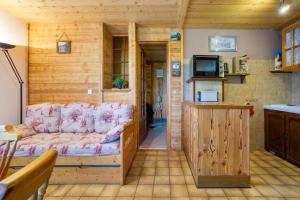 a living room with a couch and a tv at Chalet Lou Murgis in Saint-Sorlin-dʼArves
