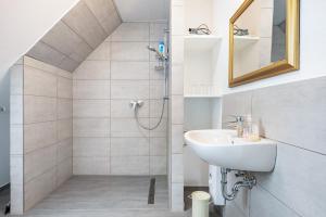 a bathroom with a shower and a sink at Ferienwohnung Dierking in Gilten +23 photos