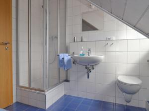 a bathroom with a shower and a sink and a toilet at Ferienwohnung Ledergerber in Bodman-Ludwigshafen +23 photos