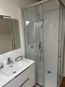a white bathroom with a shower and a sink at Villa julia in Cros +21 photos