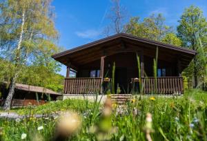 a cabin in the woods with a field of flowers at Villaggio Anemone Chalet Fragolina in Capanne di Sillano