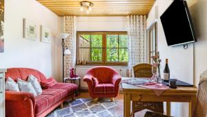 a living room with a red couch and a tv at Schwarzwaldliebe in Lenzkirch