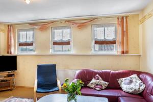 a living room with a purple couch and windows at Sandhasen in Lauterbach