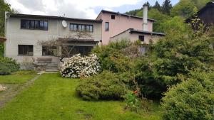 a house with a yard with bushes and flowers at Ubytování Líšný in Líšný