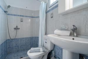 a bathroom with a toilet and a sink and a shower at Galanos Studios Naxos in Naxos Chora +37 photos