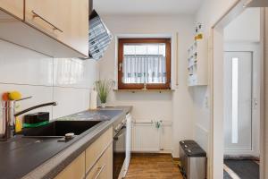 a small kitchen with a sink and a window at bleib. Boutique Premium Lake House in Allensbach