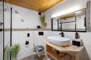 a bathroom with a sink and a mirror at Ferienwohnung Steinbühlschlössle in Schönwald +19 photos