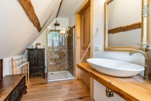 a bathroom with a sink and a shower at Wohlfühlurlaub in der Scheune in Ochsensaal +15 photos