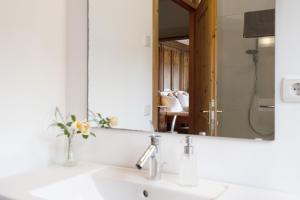 a bathroom with a sink and a mirror at Ansitz Baumannhof Apt Erker Suite in Falzes