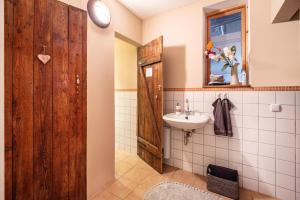 ein Badezimmer mit Waschbecken und Holztür in der Unterkunft Studiowohnung To Huus in Tappendorf