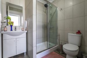 a bathroom with a shower and a toilet and a sink at Oásis Fonte Grande in Santo António