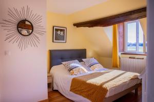 a bedroom with a bed and a mirror on the wall at Chambres D'hôtes Le Petit Puits in Cheverny