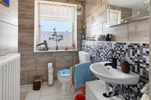 a bathroom with a sink and a toilet and a window at Wohnung Im Hinterhof in Querfurt +12 photos