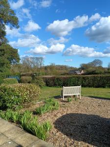 a white bench sitting in the middle of a park at Greenbanks 2 Damerham Self Catering in Damerham