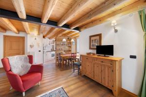 a living room with a red chair and a television at Villa Cleila Verde B in San Vito di Cadore