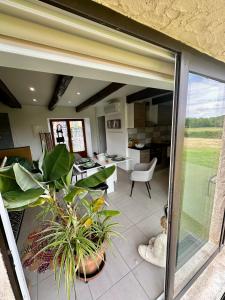 a living room with sliding glass doors and plants at Gite Cosy Forme et Bien-etre in Masseret