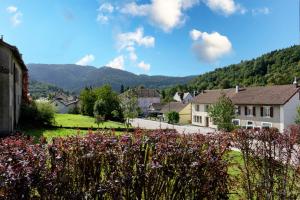 a small village with mountains in the background at La Petite Chaumière avec sauna in Saint-Maurice-sur-Moselle