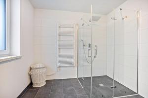 a white bathroom with a glass shower stall at Ferienwohnung am Kappenturm in Hayingen +37 photos