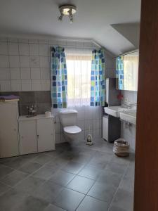 a bathroom with a toilet and a sink at Ferienwohnung bei Helga in Tittmoning +18 photos
