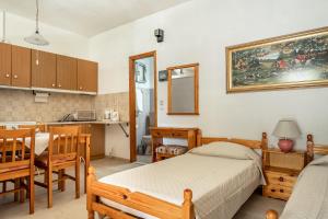 a bedroom with a bed and a table and a kitchen at Makis Family Studio in Khionáta