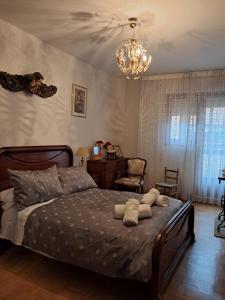 a bedroom with a bed and a chandelier at Montes de Alhama Il in Soria