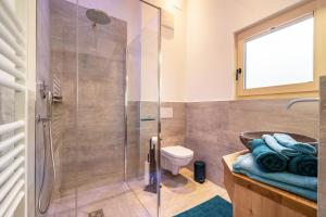 a bathroom with a shower and a sink and a toilet at Apfel Chalet Feldhof in Caines +34 photos
