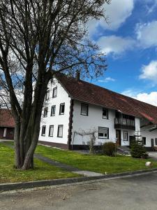 a white house with a tree in front of it at Bauernhofwohnung Friedrichshafen in Friedrichshafen
