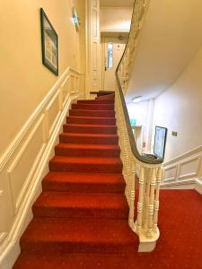 a staircase with a red carpet and a stair case at Morehampton Townhouse in Dublin