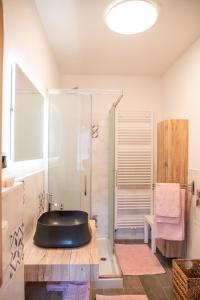 a bathroom with a shower and a black tub at Alfio's Alpen Suite in Roncone