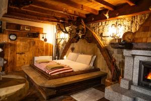 a bedroom with a bed in a room with a fireplace at Alfio's Alpen Suite in Roncone