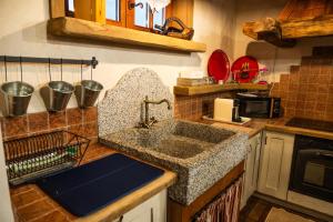 a kitchen with a sink and a counter top at Alfio's Alpen Suite in Roncone +18 photos