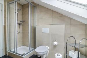 a bathroom with a toilet and a shower at Ferienwohnung Säntisblick in Daisendorf +21 photos