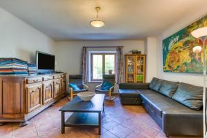 a living room with a couch and a tv at Maison Abricot avec piscine in Aspiran
