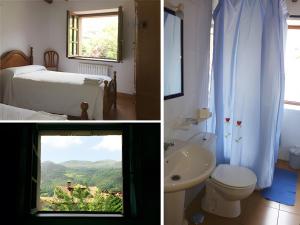 two pictures of a bathroom with a bed and a window at Posada Rural La Capellanía in Celis +26 photos