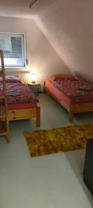 two beds in a room with a window and two rugs at Peter in Michelstadt